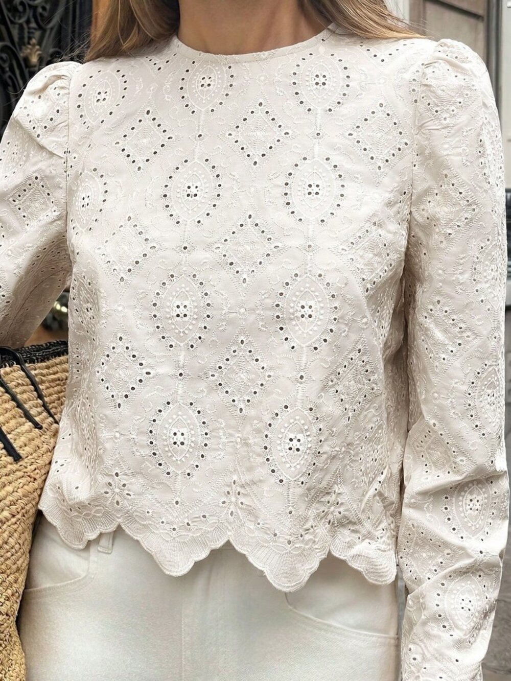 Apricot Casual Women's Hollow Embroidery Round Neck Long Sleeve Blouse top - Picture 6 of 6